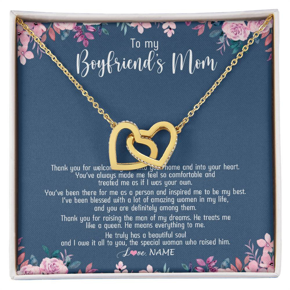 Interlocking Hearts Necklace 18K Yellow Gold Finish | Personalized To My Boyfriend's Mom Necklace Thank You For Welcoming Me Boyfriends Mom Mother's Day Birthday Pendant Jewelry Customized Gift Box Message Card | teecentury