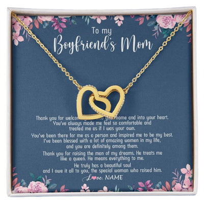 Interlocking Hearts Necklace 18K Yellow Gold Finish | Personalized To My Boyfriend's Mom Necklace Thank You For Welcoming Me Boyfriends Mom Mother's Day Birthday Pendant Jewelry Customized Gift Box Message Card | teecentury