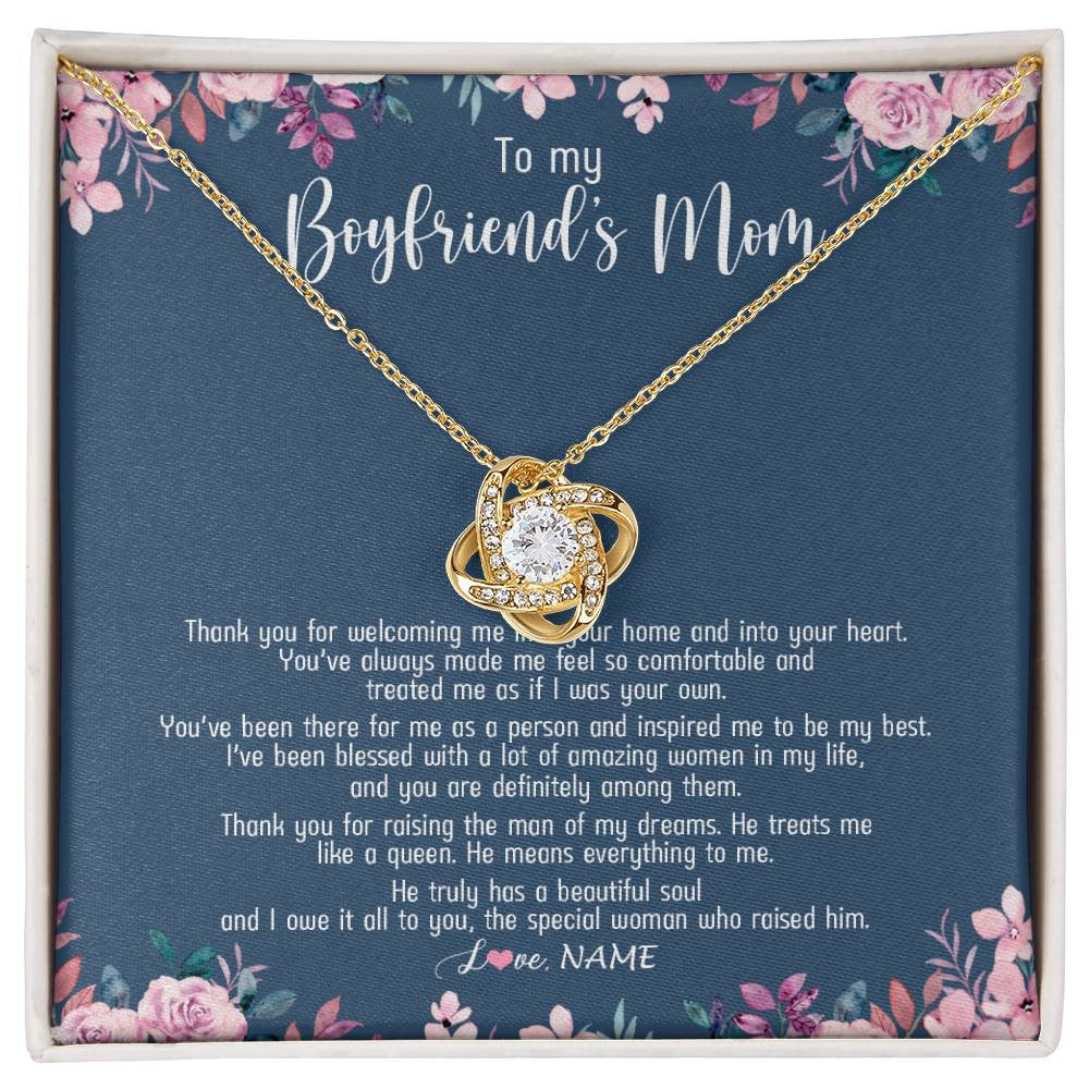 Love Knot Necklace 18K Yellow Gold Finish | Personalized To My Boyfriend's Mom Necklace Thank You For Welcoming Me Boyfriends Mom Mother's Day Birthday Pendant Jewelry Customized Gift Box Message Card | teecentury