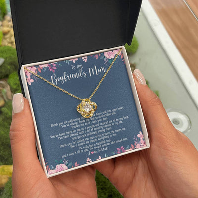 Love Knot Necklace 18K Yellow Gold Finish | Personalized To My Boyfriend's Mom Necklace Thank You For Welcoming Me Boyfriends Mom Mother's Day Birthday Pendant Jewelry Customized Gift Box Message Card | teecentury