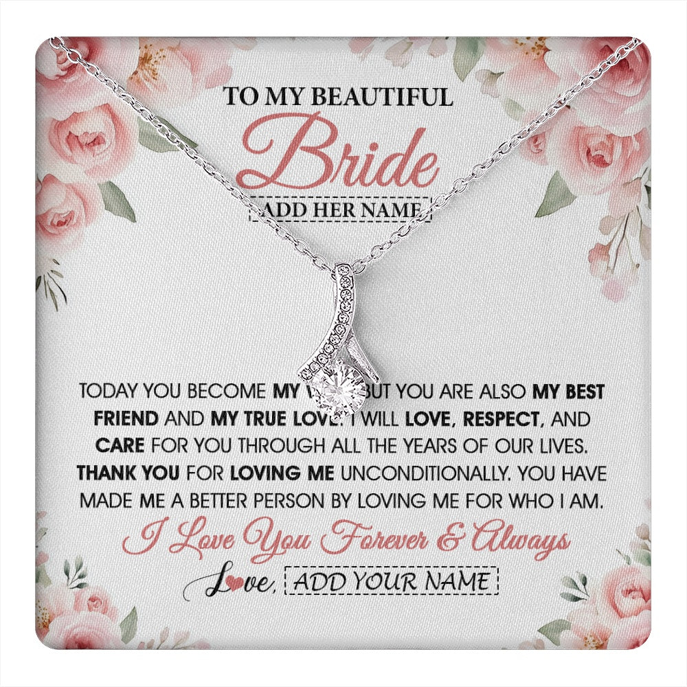 Alluring Beauty Necklace 14K White Gold Finish | 1 | Personalized To My Bride Necklace Gift From Groom Wedding Day My True Love Romantic Groom To Bride Jewelry Gifts Meaningful Custom Gift Box Message Card | https://teecentury.