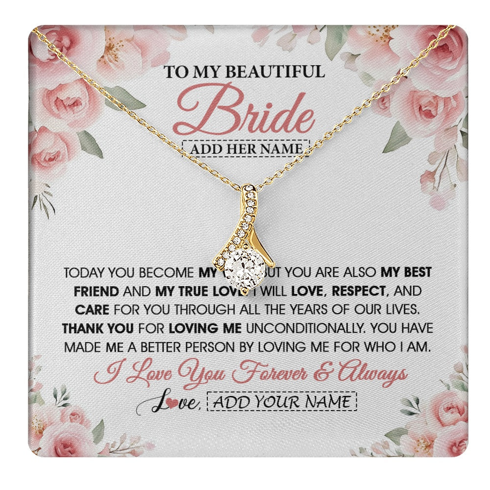 Alluring Beauty Necklace 18K Yellow Gold Finish | 1 | Personalized To My Bride Necklace Gift From Groom Wedding Day My True Love Romantic Groom To Bride Jewelry Gifts Meaningful Custom Gift Box Message Card | https://teecentury.