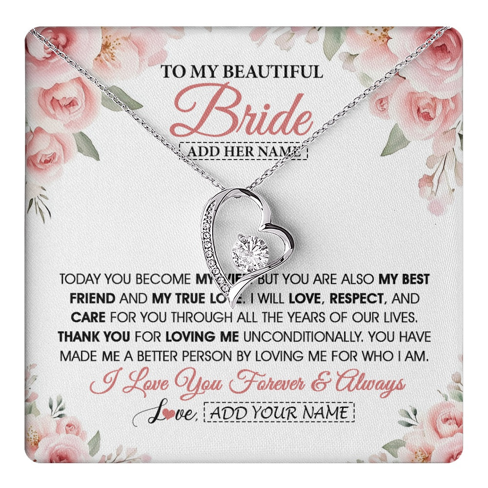 Forever Love Necklace 14K White Gold Finish | 1 | Personalized To My Bride Necklace Gift From Groom Wedding Day My True Love Romantic Groom To Bride Jewelry Gifts Meaningful Custom Gift Box Message Card | https://teecentury.