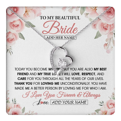 Forever Love Necklace 14K White Gold Finish | 1 | Personalized To My Bride Necklace Gift From Groom Wedding Day My True Love Romantic Groom To Bride Jewelry Gifts Meaningful Custom Gift Box Message Card | https://teecentury.