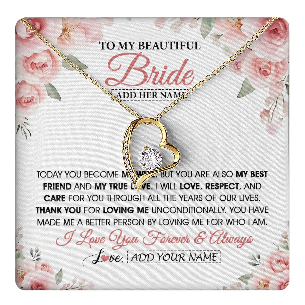 Forever Love Necklace 18K Yellow Gold Finish | 1 | Personalized To My Bride Necklace Gift From Groom Wedding Day My True Love Romantic Groom To Bride Jewelry Gifts Meaningful Custom Gift Box Message Card | https://teecentury.