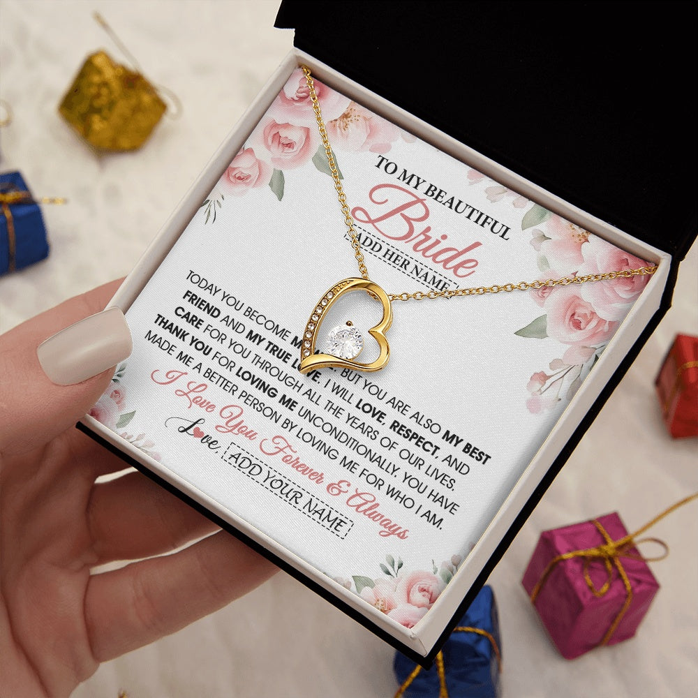 Forever Love Necklace 18K Yellow Gold Finish | 2 | Personalized To My Bride Necklace Gift From Groom Wedding Day My True Love Romantic Groom To Bride Jewelry Gifts Meaningful Custom Gift Box Message Card | https://teecentury.