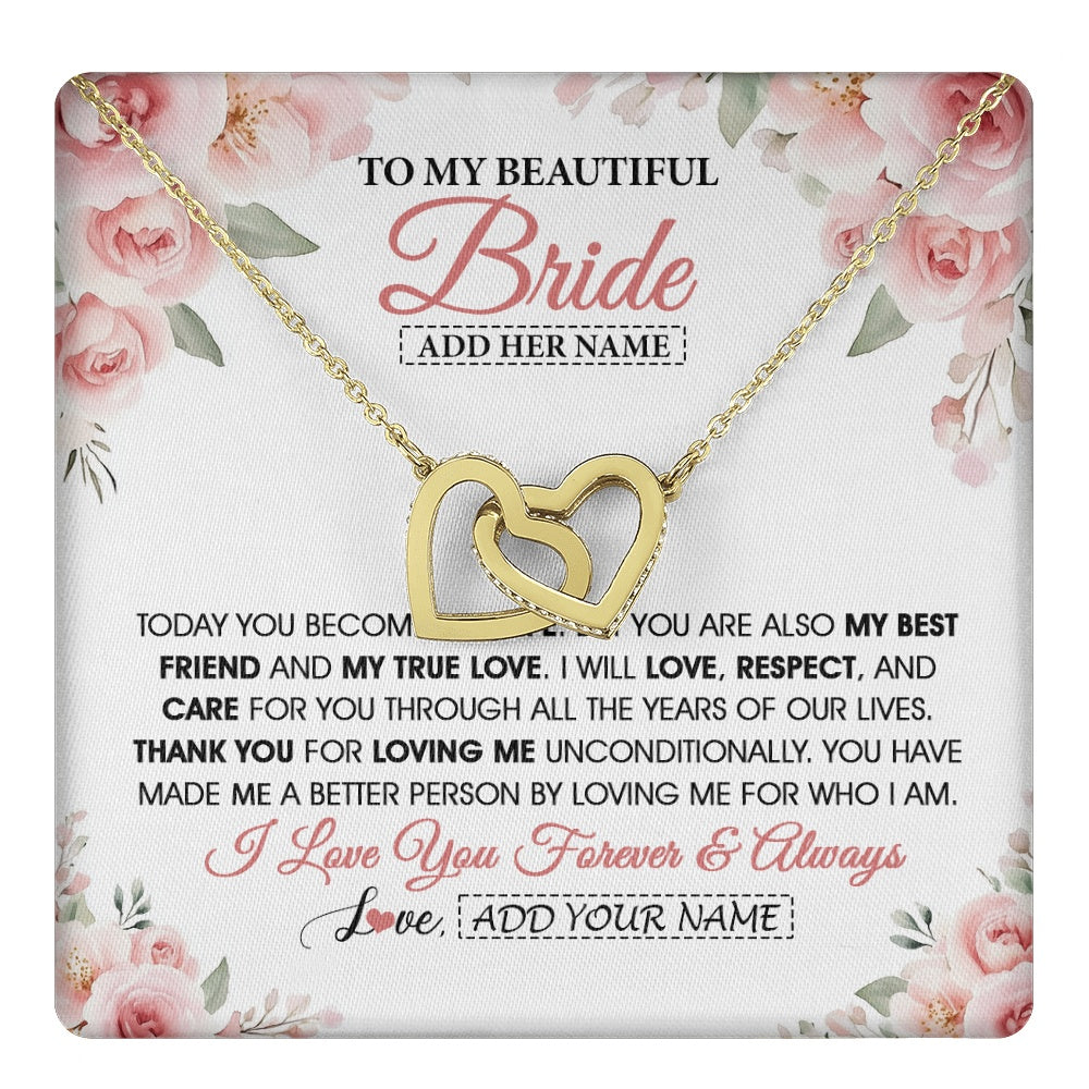 Interlocking Hearts Necklace 18K Yellow Gold Finish | 1 | Personalized To My Bride Necklace Gift From Groom Wedding Day My True Love Romantic Groom To Bride Jewelry Gifts Meaningful Custom Gift Box Message Card | https://teecentury.