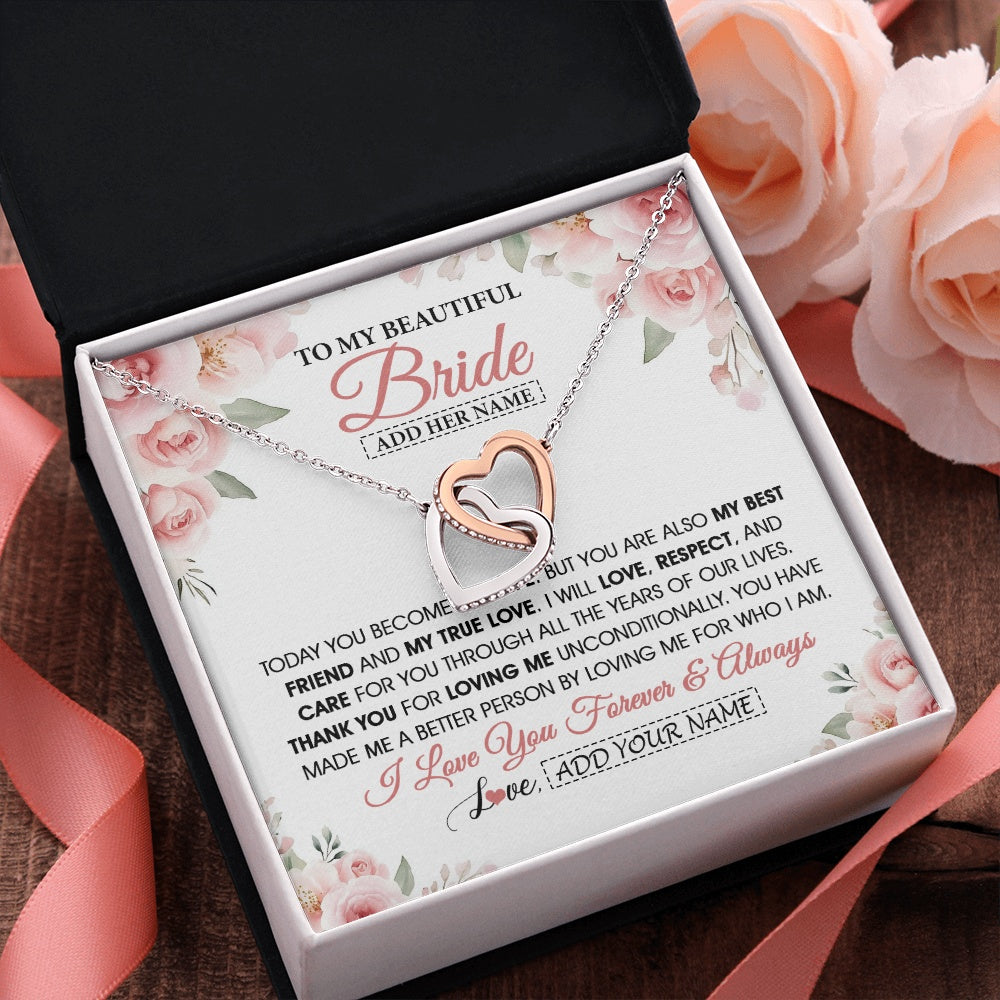 Interlocking Hearts Necklace Stainless Steel & Rose Gold Finish | 2 | Personalized To My Bride Necklace Gift From Groom Wedding Day My True Love Romantic Groom To Bride Jewelry Gifts Meaningful Custom Gift Box Message Card | https://teecentury.
