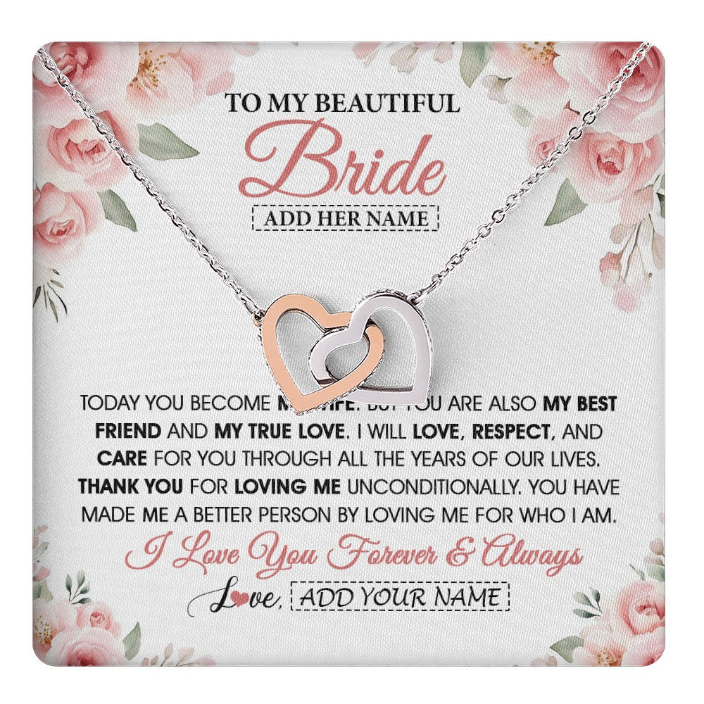 Interlocking Hearts Necklace Stainless Steel & Rose Gold Finish | 1 | Personalized To My Bride Necklace Gift From Groom Wedding Day My True Love Romantic Groom To Bride Jewelry Gifts Meaningful Custom Gift Box Message Card | https://teecentury.