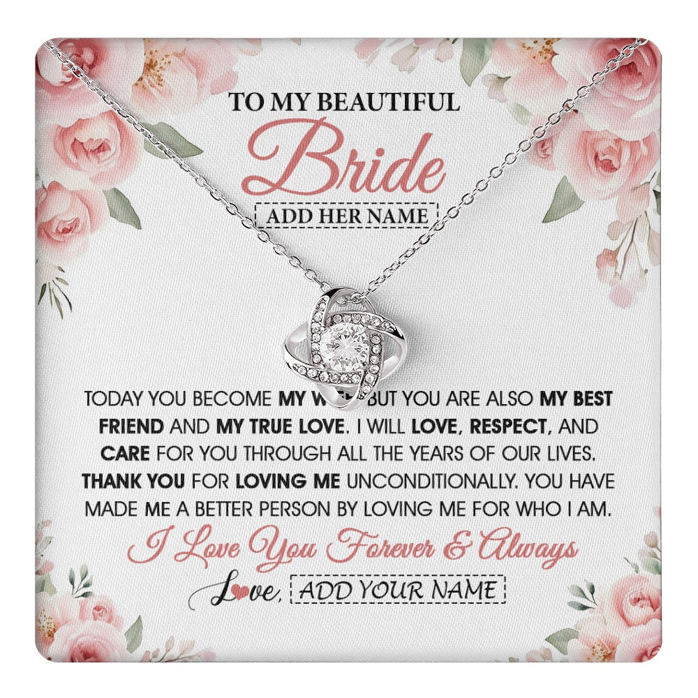 Love Knot Necklace 14K White Gold Finish | 1 | Personalized To My Bride Necklace Gift From Groom Wedding Day My True Love Romantic Groom To Bride Jewelry Gifts Meaningful Custom Gift Box Message Card | https://teecentury.