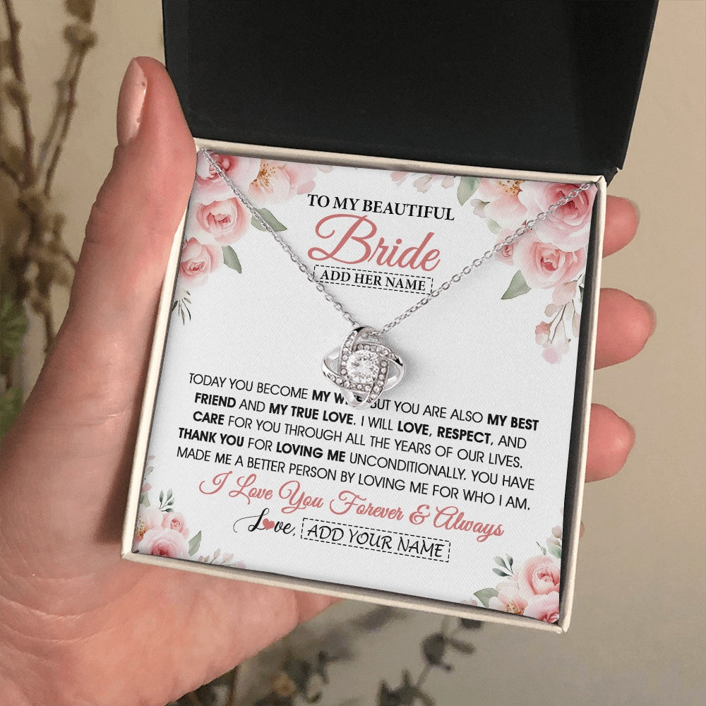 Love Knot Necklace 14K White Gold Finish | 2 | Personalized To My Bride Necklace Gift From Groom Wedding Day My True Love Romantic Groom To Bride Jewelry Gifts Meaningful Custom Gift Box Message Card | https://teecentury.