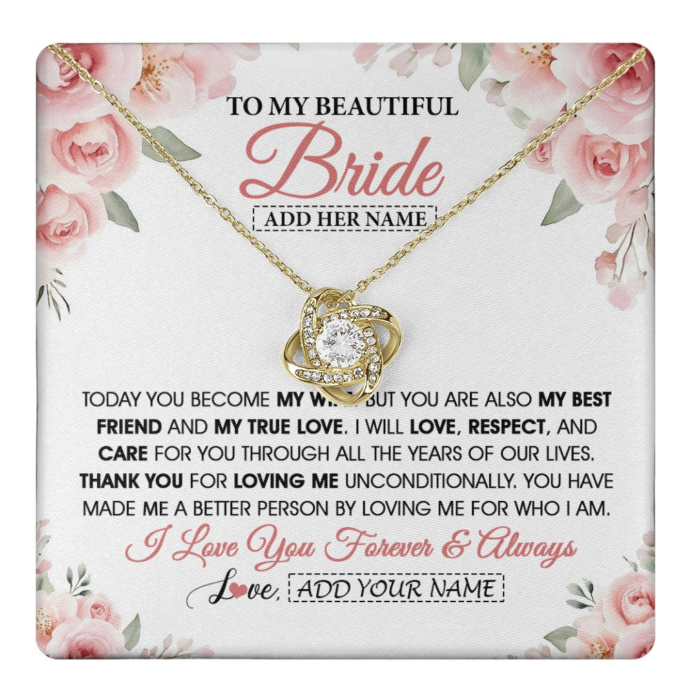 Love Knot Necklace 18K Yellow Gold Finish | 1 | Personalized To My Bride Necklace Gift From Groom Wedding Day My True Love Romantic Groom To Bride Jewelry Gifts Meaningful Custom Gift Box Message Card | https://teecentury.