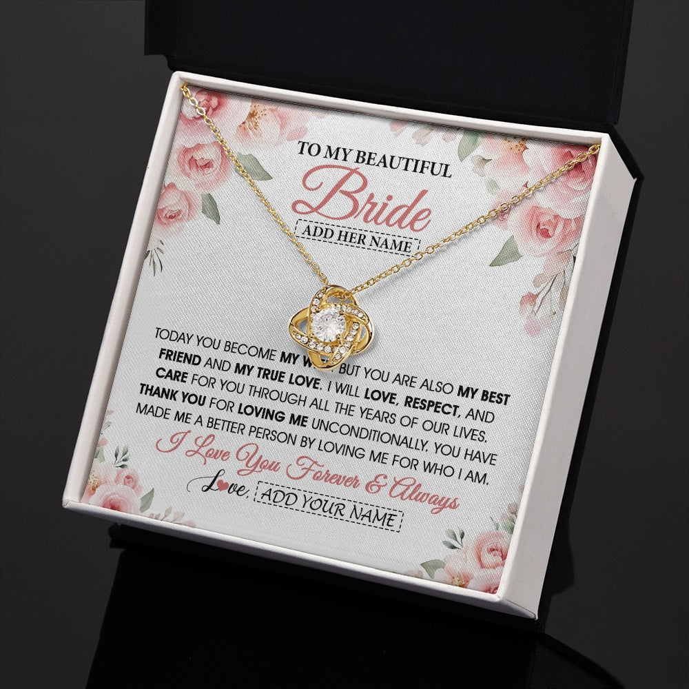 Love Knot Necklace 18K Yellow Gold Finish | 2 | Personalized To My Bride Necklace Gift From Groom Wedding Day My True Love Romantic Groom To Bride Jewelry Gifts Meaningful Custom Gift Box Message Card | https://teecentury.