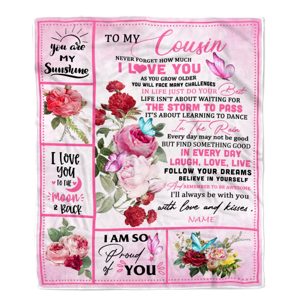 Personalized To My Cousin Blanket From Family Never Forget I Love You Pink Butterfly Cousin Birthday Christmas Customized Bed Fleece Throw Blanket | teecentury