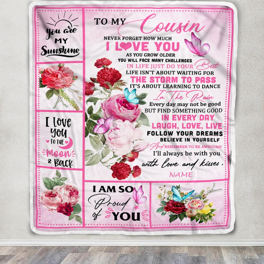 Personalized To My Cousin Blanket From Family Never Forget I Love You Pink Butterfly Cousin Birthday Christmas Customized Bed Fleece Throw Blanket | teecentury