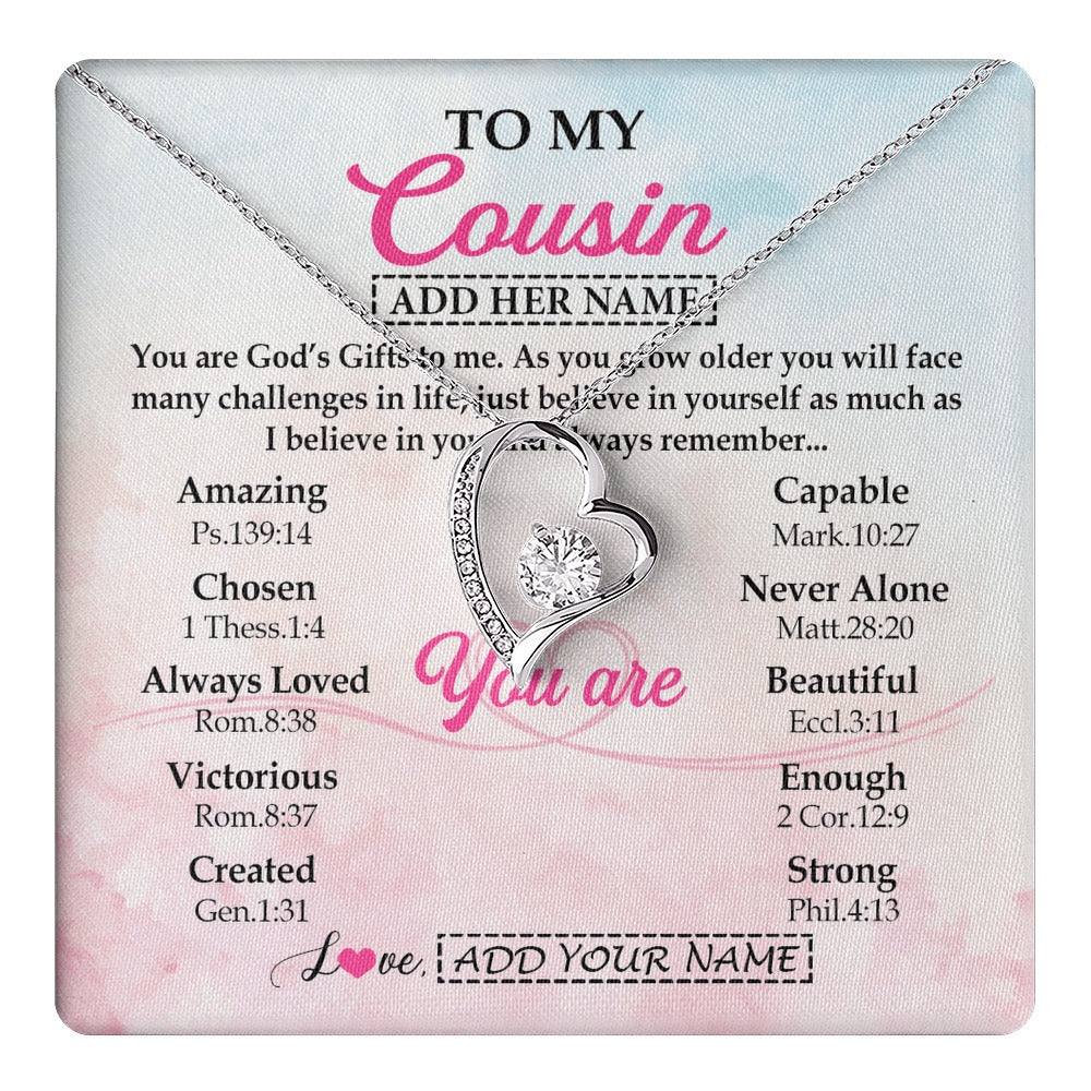 Forever Love Necklace 14K White Gold Finish | 1 | Personalized To My Cousin Gifts Necklace From Family Christian Religious Jewelry Gifts For Cousin Birthday Graduation Christmas Custom Gift Box Message Card | https://teecentury.