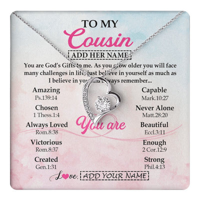 Forever Love Necklace 14K White Gold Finish | 1 | Personalized To My Cousin Gifts Necklace From Family Christian Religious Jewelry Gifts For Cousin Birthday Graduation Christmas Custom Gift Box Message Card | https://teecentury.
