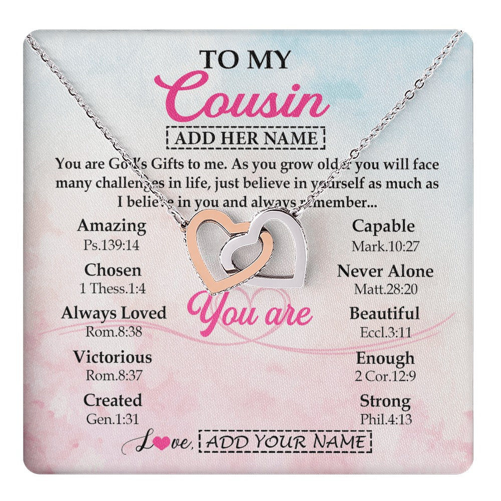 Interlocking Hearts Necklace Stainless Steel & Rose Gold Finish | 1 | Personalized To My Cousin Gifts Necklace From Family Christian Religious Jewelry Gifts For Cousin Birthday Graduation Christmas Custom Gift Box Message Card | https://teecentury.