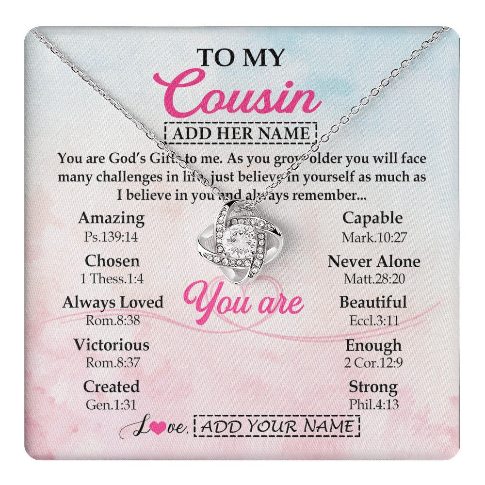 Love Knot Necklace 14K White Gold Finish | 1 | Personalized To My Cousin Gifts Necklace From Family Christian Religious Jewelry Gifts For Cousin Birthday Graduation Christmas Custom Gift Box Message Card | https://teecentury.