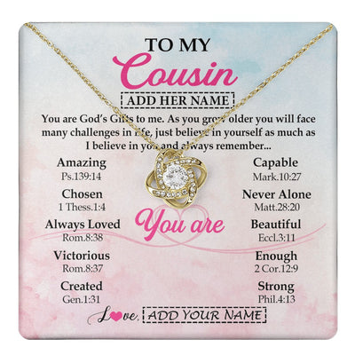 Love Knot Necklace 18K Yellow Gold Finish | 1 | Personalized To My Cousin Gifts Necklace From Family Christian Religious Jewelry Gifts For Cousin Birthday Graduation Christmas Custom Gift Box Message Card | https://teecentury.