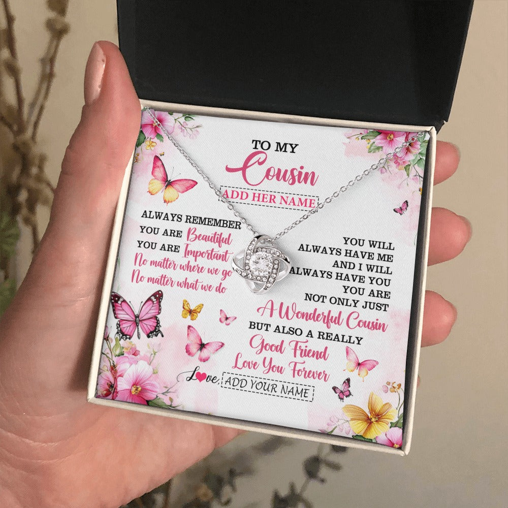 Love Knot Necklace 14K White Gold Finish | 2 | Personalized To My Cousin Gifts Necklace From Family You Are Beautiful Birthday Gifts For Cousin Graduation Christmas Custom Gift Box Message Card | https://teecentury.