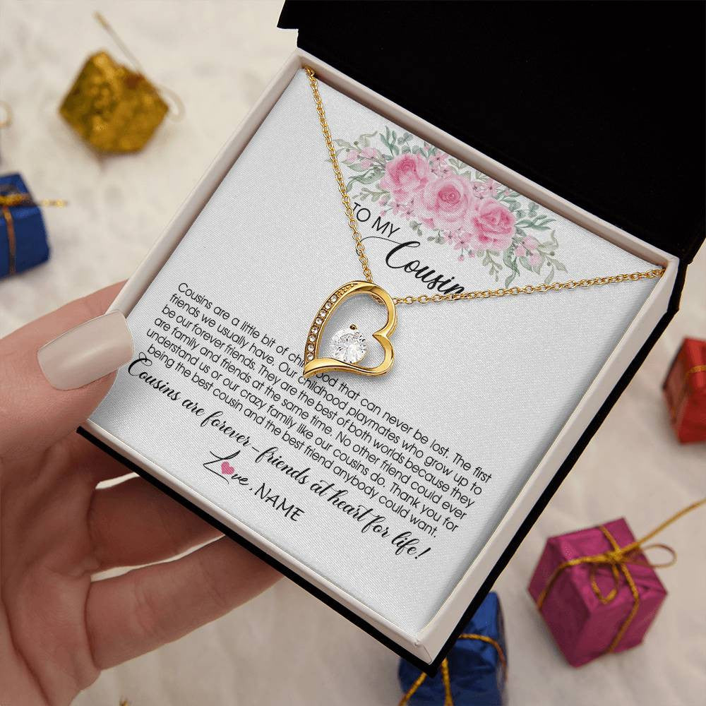 Forever Love Necklace 18K Yellow Gold Finish | Personalized To My Cousin Necklace Cousins Are Forever Friends At Heart For Life Jewelry Birthday Graduation Christmas Customized Gift Box Message Card | teecentury