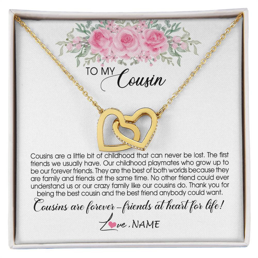 Interlocking Hearts Necklace 18K Yellow Gold Finish | Personalized To My Cousin Necklace Cousins Are Forever Friends At Heart For Life Jewelry Birthday Graduation Christmas Customized Gift Box Message Card | teecentury