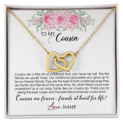 Interlocking Hearts Necklace 18K Yellow Gold Finish | Personalized To My Cousin Necklace Cousins Are Forever Friends At Heart For Life Jewelry Birthday Graduation Christmas Customized Gift Box Message Card | teecentury