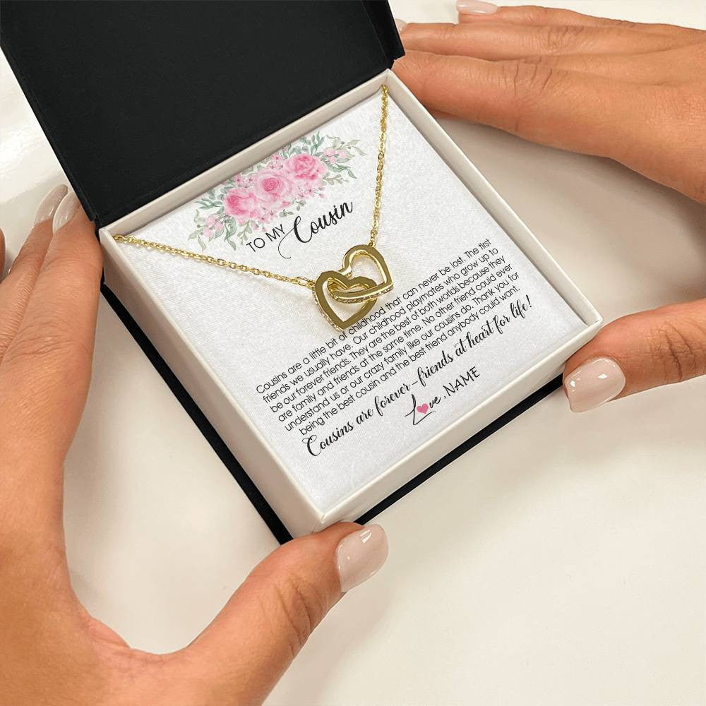 Interlocking Hearts Necklace 18K Yellow Gold Finish | Personalized To My Cousin Necklace Cousins Are Forever Friends At Heart For Life Jewelry Birthday Graduation Christmas Customized Gift Box Message Card | teecentury