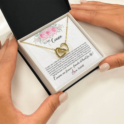 Interlocking Hearts Necklace 18K Yellow Gold Finish | Personalized To My Cousin Necklace Cousins Are Forever Friends At Heart For Life Jewelry Birthday Graduation Christmas Customized Gift Box Message Card | teecentury