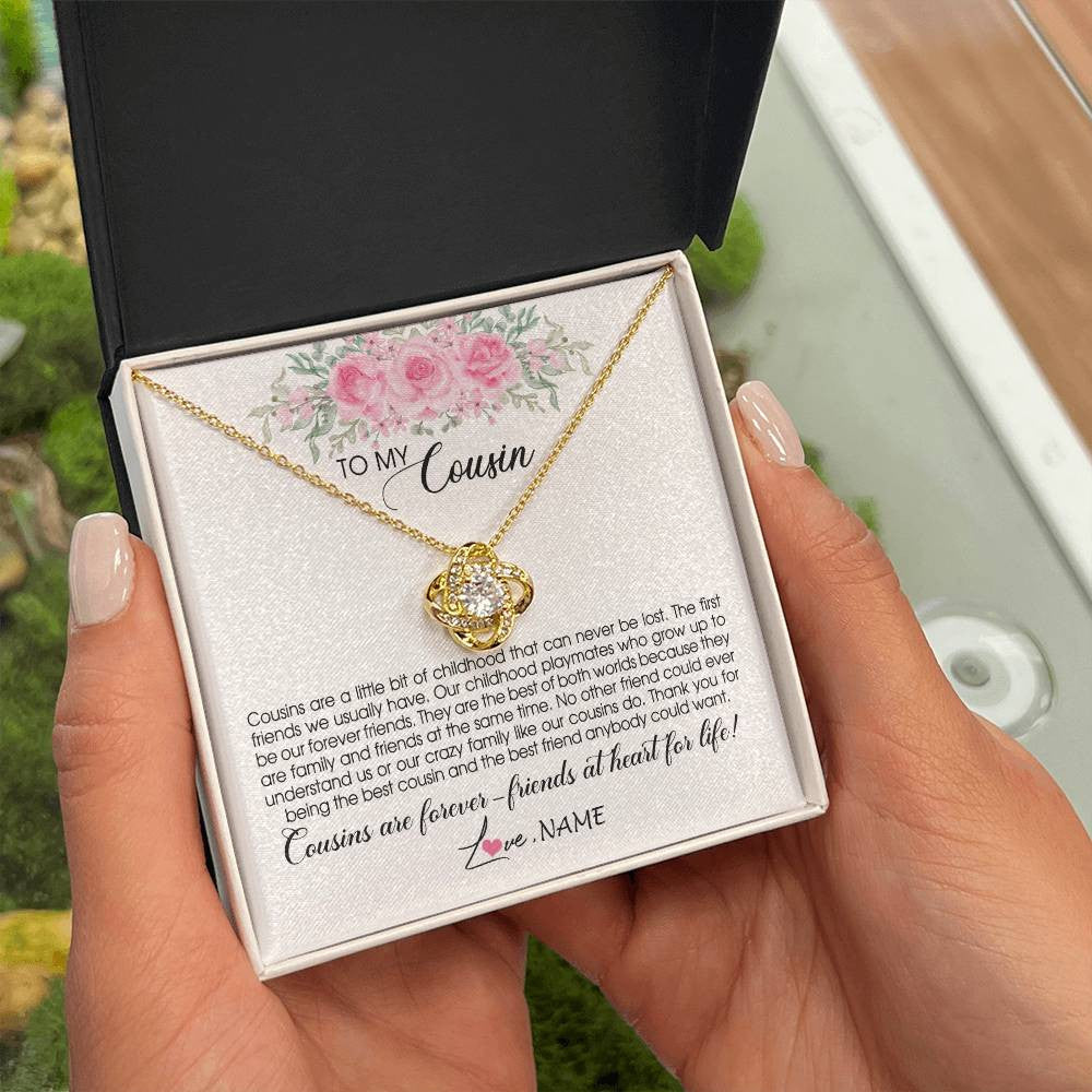 Love Knot Necklace 18K Yellow Gold Finish | Personalized To My Cousin Necklace Cousins Are Forever Friends At Heart For Life Jewelry Birthday Graduation Christmas Customized Gift Box Message Card | teecentury