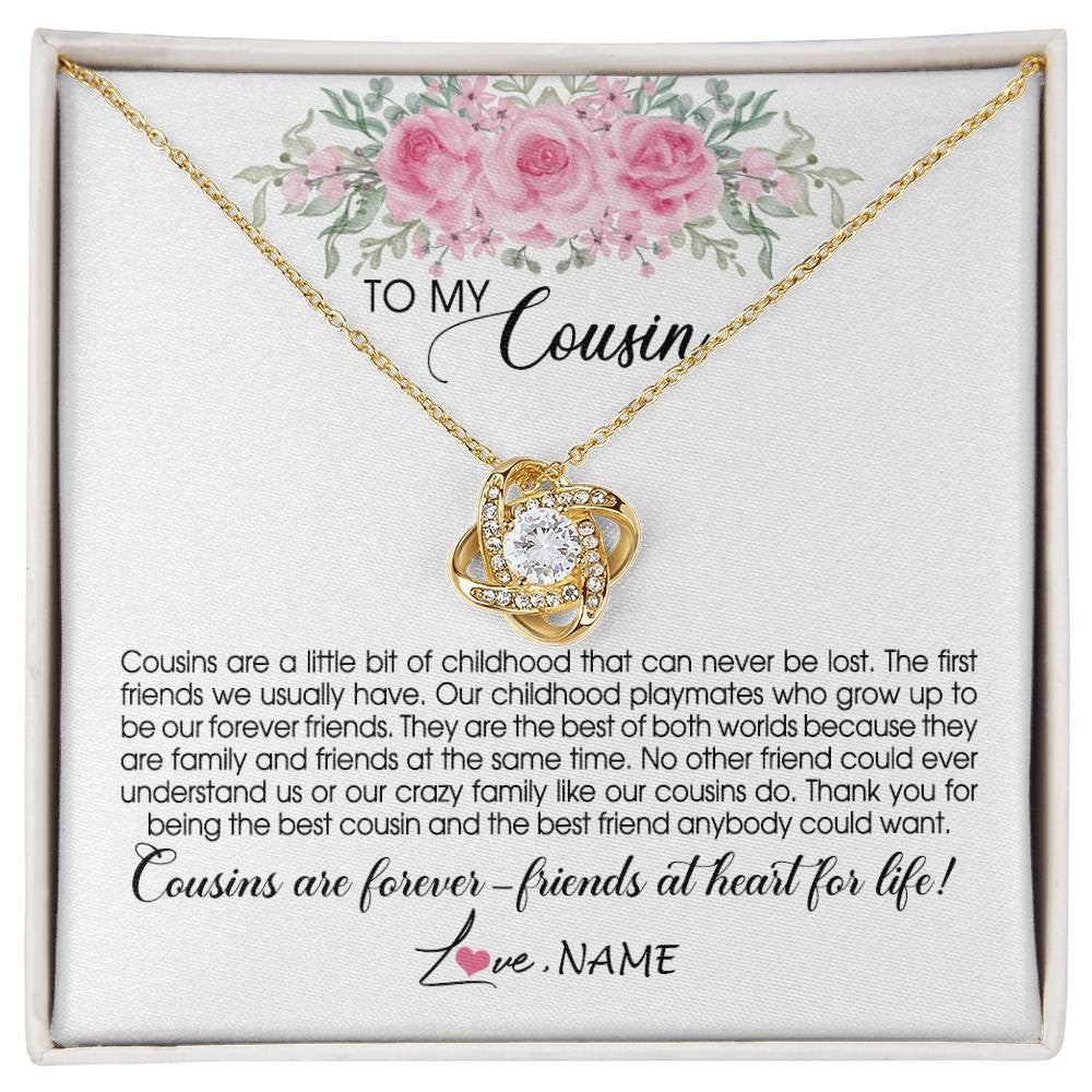 Love Knot Necklace 18K Yellow Gold Finish | Personalized To My Cousin Necklace Cousins Are Forever Friends At Heart For Life Jewelry Birthday Graduation Christmas Customized Gift Box Message Card | teecentury
