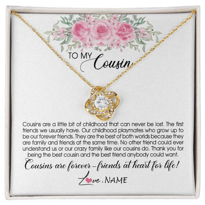 Love Knot Necklace 18K Yellow Gold Finish | Personalized To My Cousin Necklace Cousins Are Forever Friends At Heart For Life Jewelry Birthday Graduation Christmas Customized Gift Box Message Card | teecentury