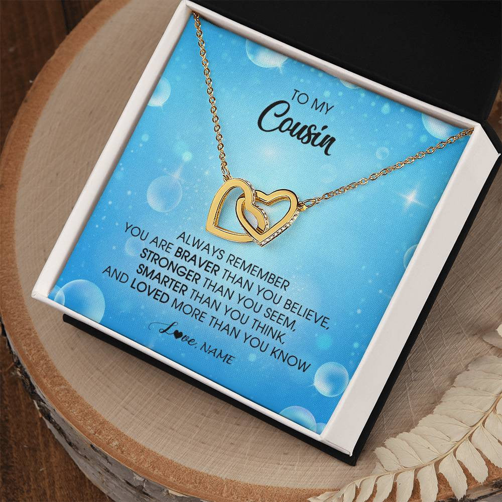 Interlocking Hearts Necklace 18K Yellow Gold Finish | Personalized To My Cousin Necklace From Family Always Remember You Are Braver Cousin Pendant Jewelry Birthday Graduation Christmas Customized Message Card | teecentury