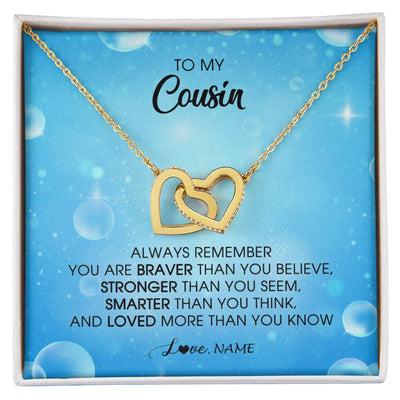 Interlocking Hearts Necklace 18K Yellow Gold Finish | Personalized To My Cousin Necklace From Family Always Remember You Are Braver Cousin Pendant Jewelry Birthday Graduation Christmas Customized Message Card | teecentury