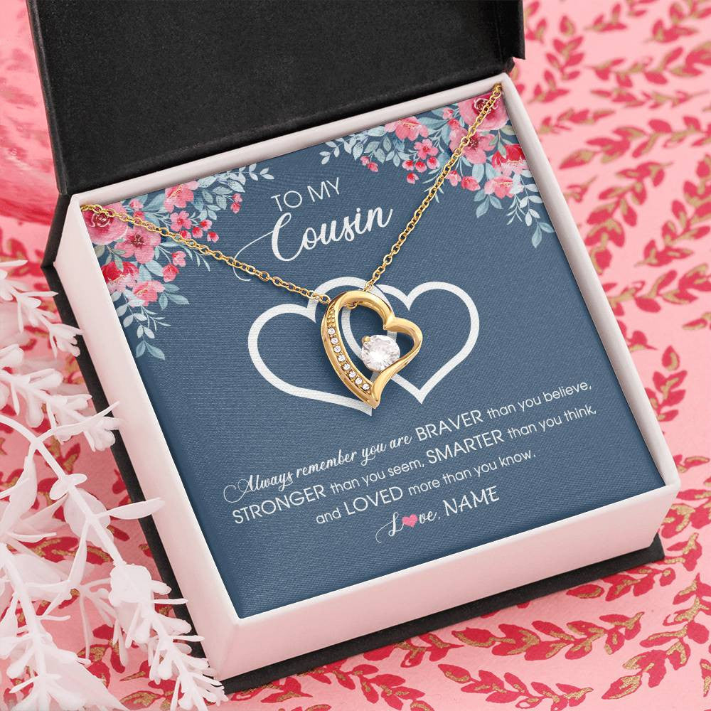 Forever Love Necklace 18K Yellow Gold Finish | Personalized To My Cousin Necklace From Family Braver Stronger Smarter Loved Cousin Pendant Jewelry Birthday Graduation Christmas Customized Message Card | teecentury