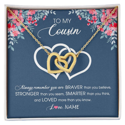 Interlocking Hearts Necklace 18K Yellow Gold Finish | Personalized To My Cousin Necklace From Family Braver Stronger Smarter Loved Cousin Pendant Jewelry Birthday Graduation Christmas Customized Message Card | teecentury
