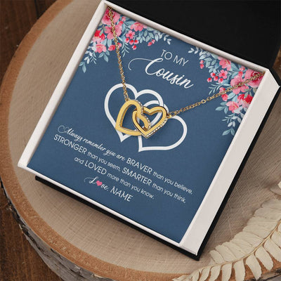 Interlocking Hearts Necklace 18K Yellow Gold Finish | Personalized To My Cousin Necklace From Family Braver Stronger Smarter Loved Cousin Pendant Jewelry Birthday Graduation Christmas Customized Message Card | teecentury