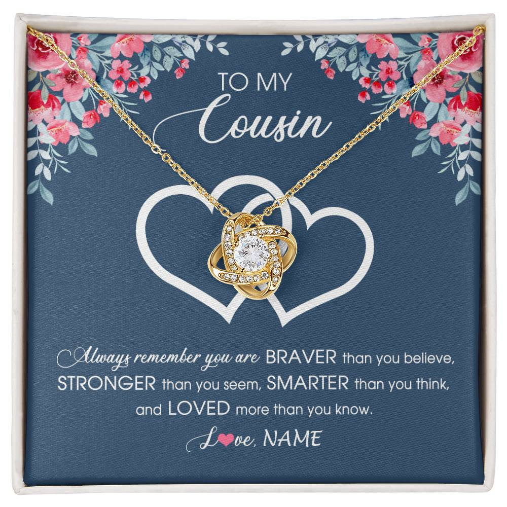 Love Knot Necklace 18K Yellow Gold Finish | Personalized To My Cousin Necklace From Family Braver Stronger Smarter Loved Cousin Pendant Jewelry Birthday Graduation Christmas Customized Message Card | teecentury