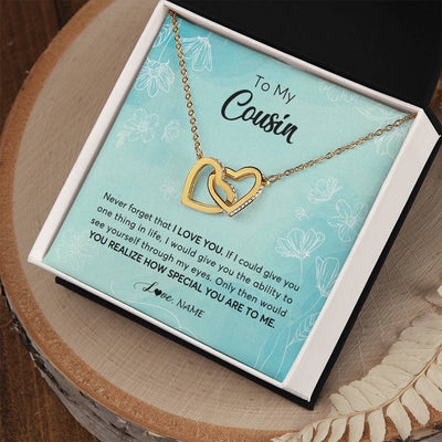 Interlocking Hearts Necklace 18K Yellow Gold Finish | Personalized To My Cousin Necklace From Family Flower Never Forget I Love You Cousin Jewelry Graduation Birthday Christmas Customized Gift Box Message Card | teecentury