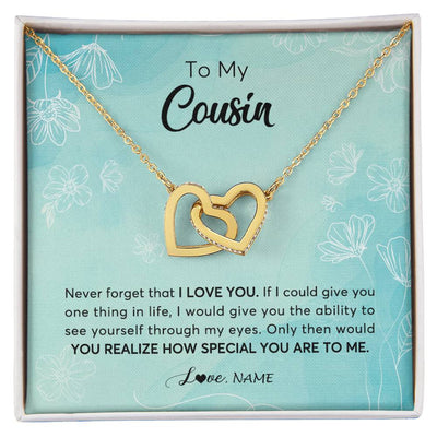 Interlocking Hearts Necklace 18K Yellow Gold Finish | Personalized To My Cousin Necklace From Family Flower Never Forget I Love You Cousin Jewelry Graduation Birthday Christmas Customized Gift Box Message Card | teecentury