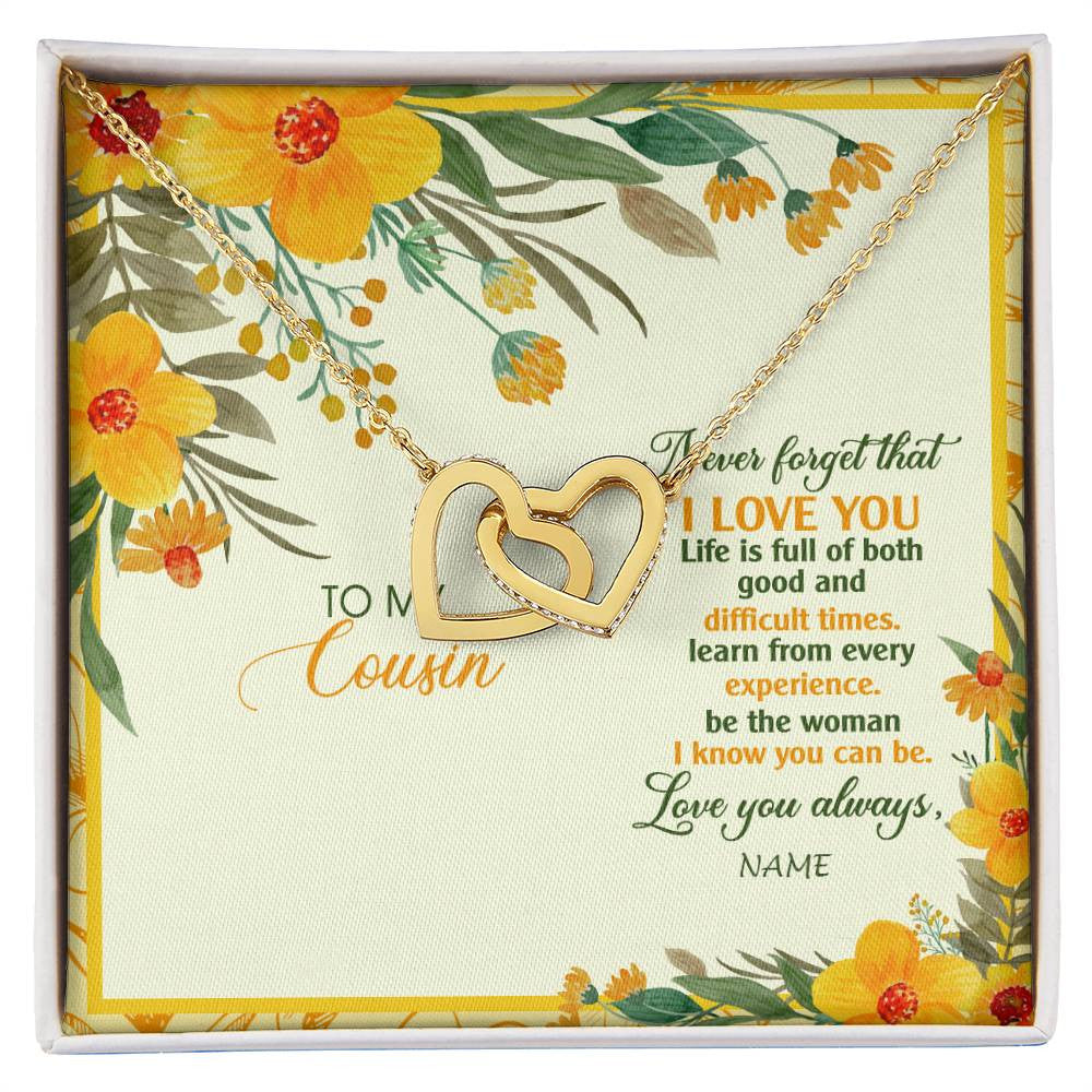 Interlocking Hearts Necklace 18K Yellow Gold Finish | Personalized To My Cousin Necklace From Family Flower Never Forget That I Love You Cousin Birthday Christmas Graduation Customized Gift Box Message Card | teecentury