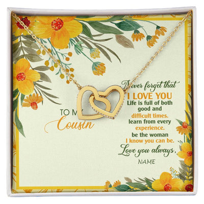 Interlocking Hearts Necklace 18K Yellow Gold Finish | Personalized To My Cousin Necklace From Family Flower Never Forget That I Love You Cousin Birthday Christmas Graduation Customized Gift Box Message Card | teecentury