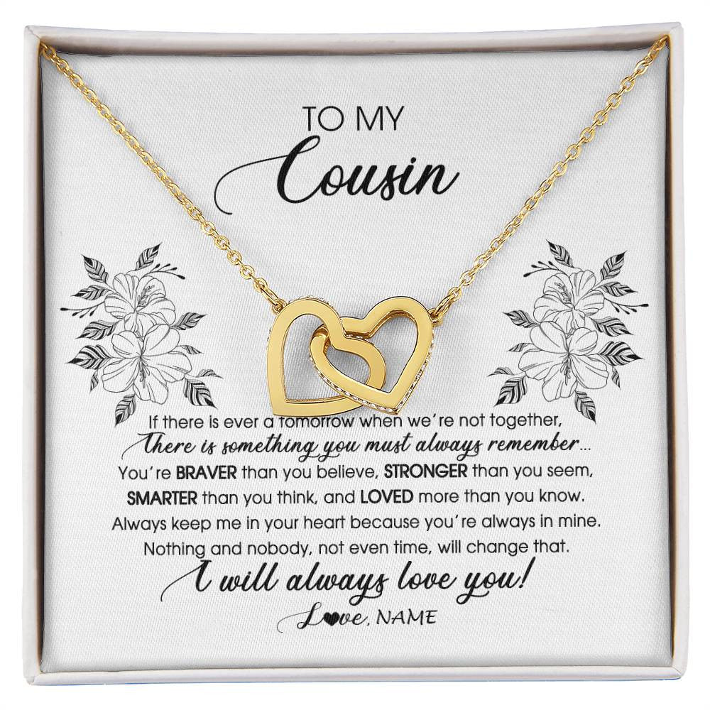 Interlocking Hearts Necklace 18K Yellow Gold Finish | Personalized To My Cousin Necklace From Family Not Even Time Floral Cousin Birthday Graduation Christmas Customized Message Card | teecentury