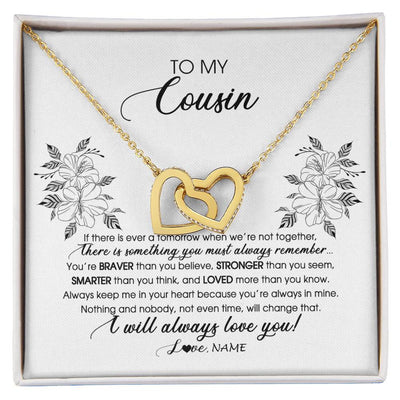Interlocking Hearts Necklace 18K Yellow Gold Finish | Personalized To My Cousin Necklace From Family Not Even Time Floral Cousin Birthday Graduation Christmas Customized Message Card | teecentury