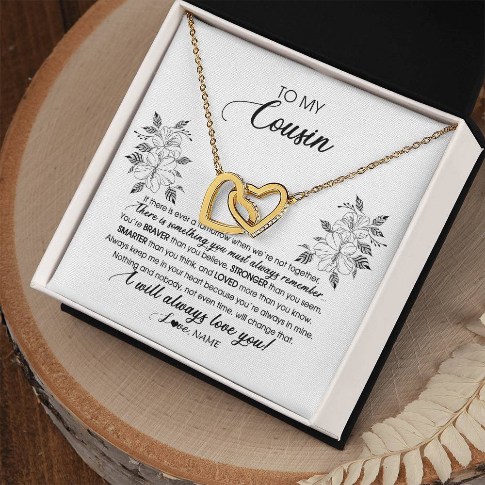 Interlocking Hearts Necklace 18K Yellow Gold Finish | Personalized To My Cousin Necklace From Family Not Even Time Floral Cousin Birthday Graduation Christmas Customized Message Card | teecentury