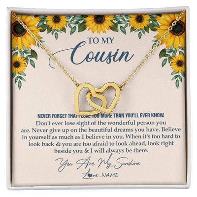 Interlocking Hearts Necklace 18K Yellow Gold Finish | Personalized To My Cousin Necklace From Family Sunflower You Are My Sunshine Cousin Jewelry Graduation Birthday Christmas Customized Gift Box Message Card | teecentury