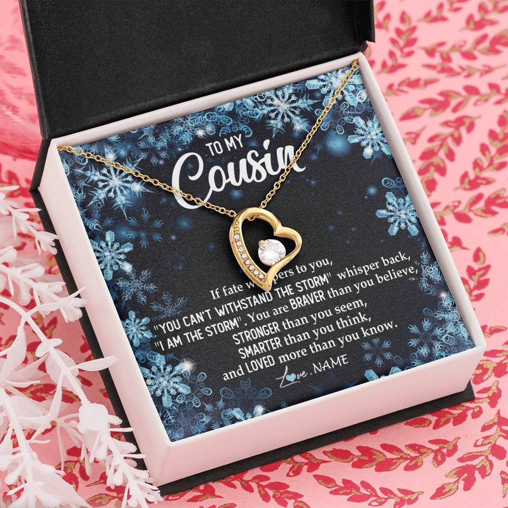 Forever Love Necklace 18K Yellow Gold Finish | Personalized To My Cousin Necklace From Family Whisper Back I Am The Storm Cousin Pendant Jewelry Birthday Graduation Christmas Customized Message Card | teecentury