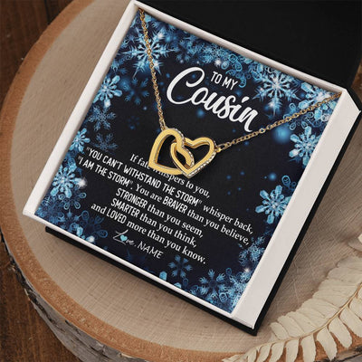 Interlocking Hearts Necklace 18K Yellow Gold Finish | Personalized To My Cousin Necklace From Family Whisper Back I Am The Storm Cousin Pendant Jewelry Birthday Graduation Christmas Customized Message Card | teecentury