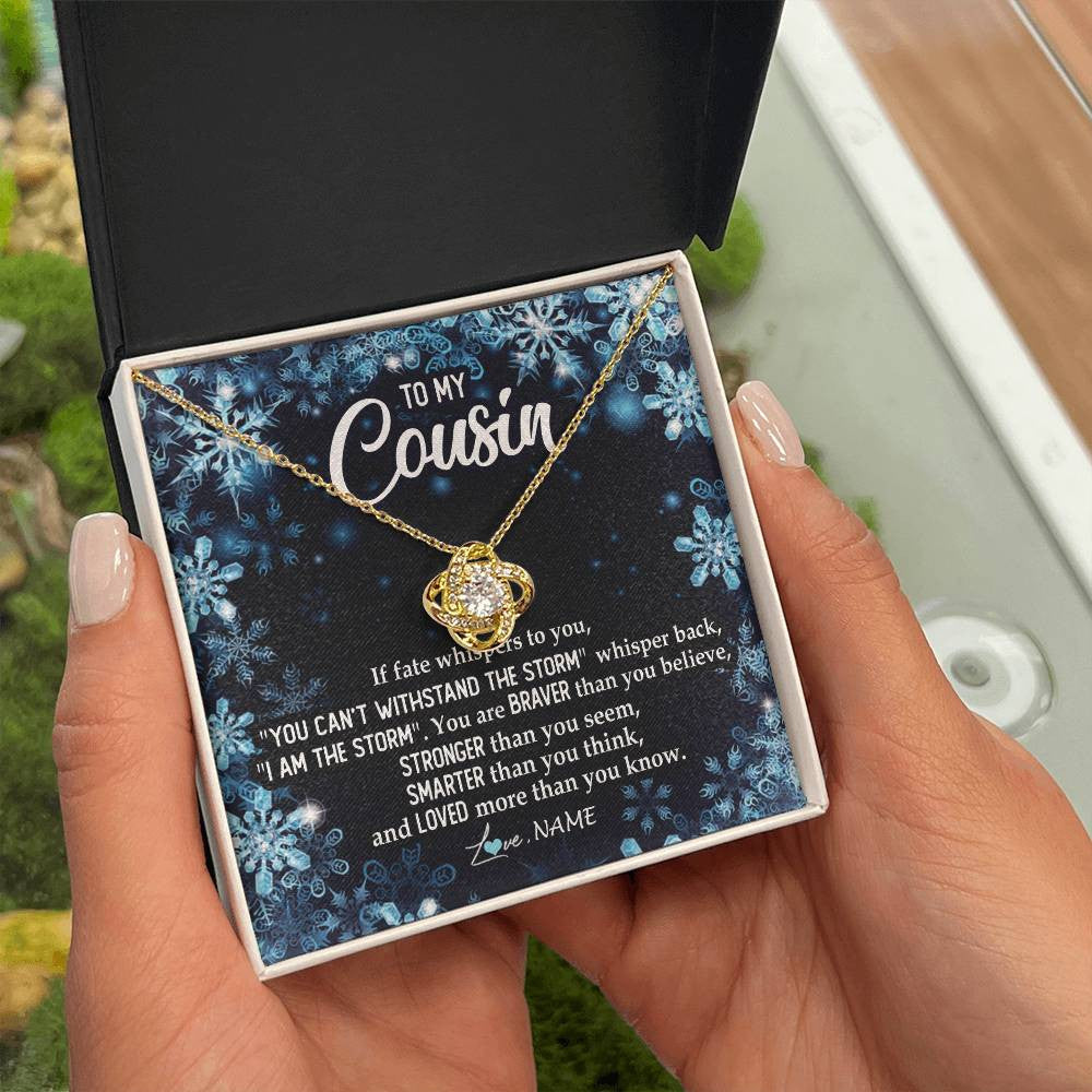 Love Knot Necklace 18K Yellow Gold Finish | Personalized To My Cousin Necklace From Family Whisper Back I Am The Storm Cousin Pendant Jewelry Birthday Graduation Christmas Customized Message Card | teecentury